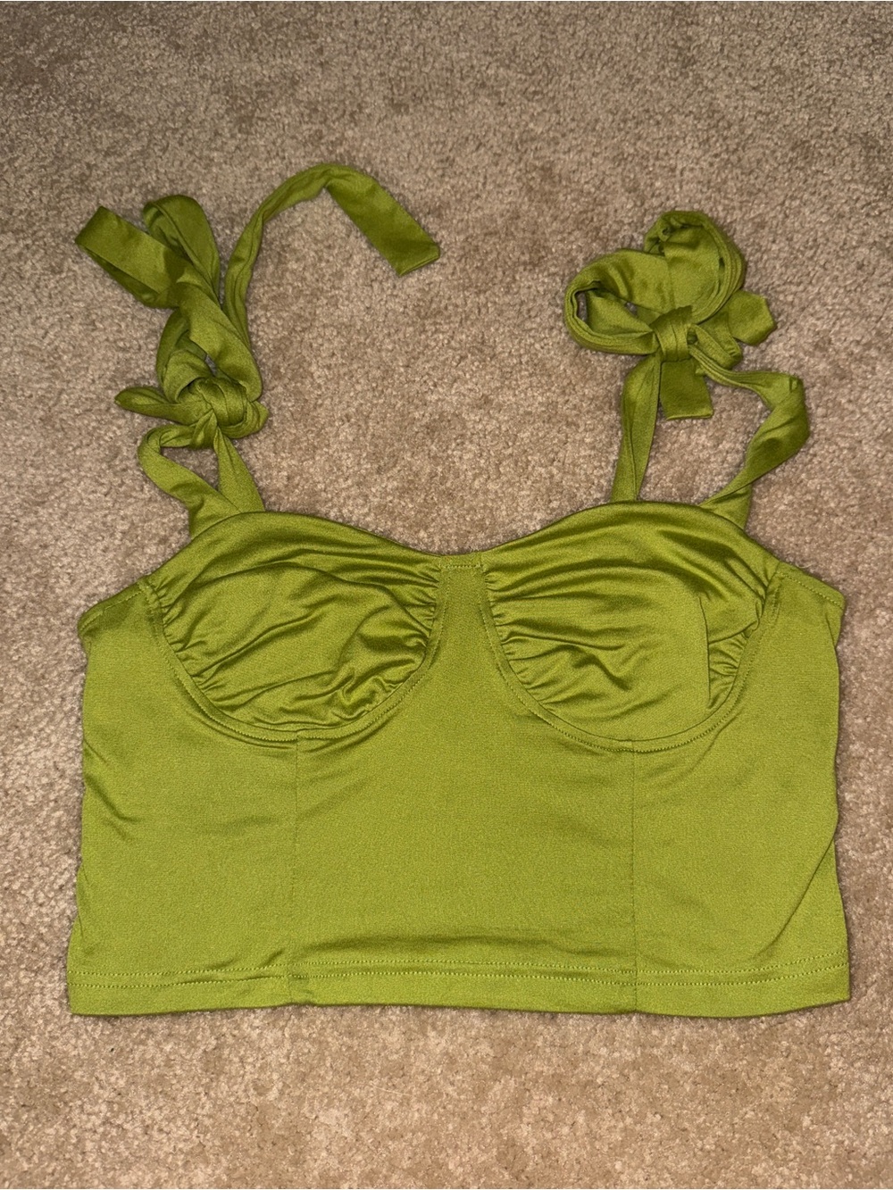 Lime Green Ruched Bustier Crop Top Tie Shoulder Straps Size Large